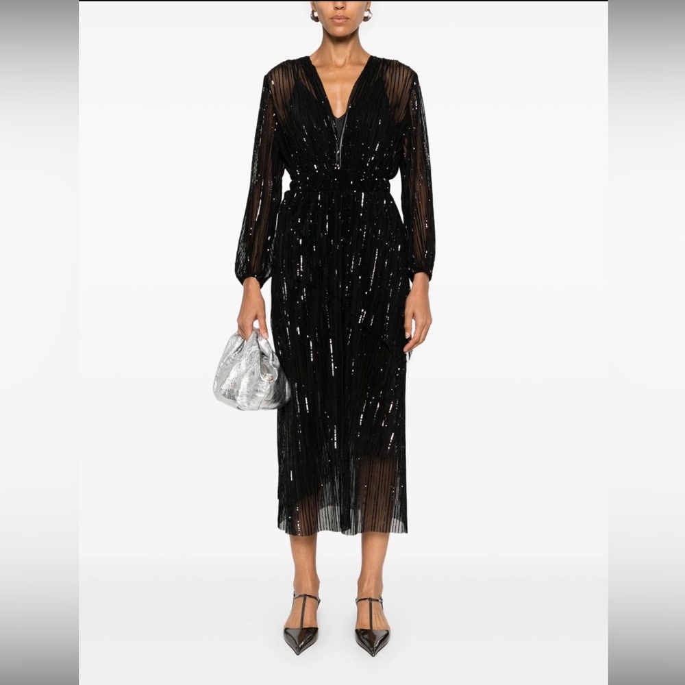 NWT Maje Black Sequin Midi Cocktail Dress with Sheer Long Sleeves.  Size 40.